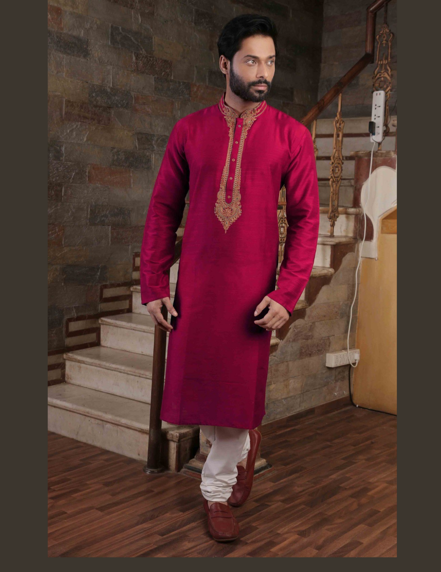 Alluring Red Color Neck Embroidery Work Slub Silk Kurta With Pajama Set