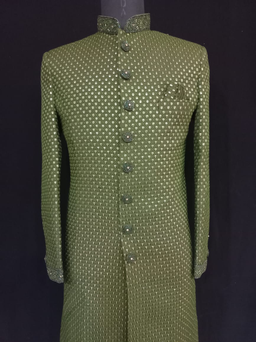 Attractive Green Color Embroidery Work Sherwani Suit For Men