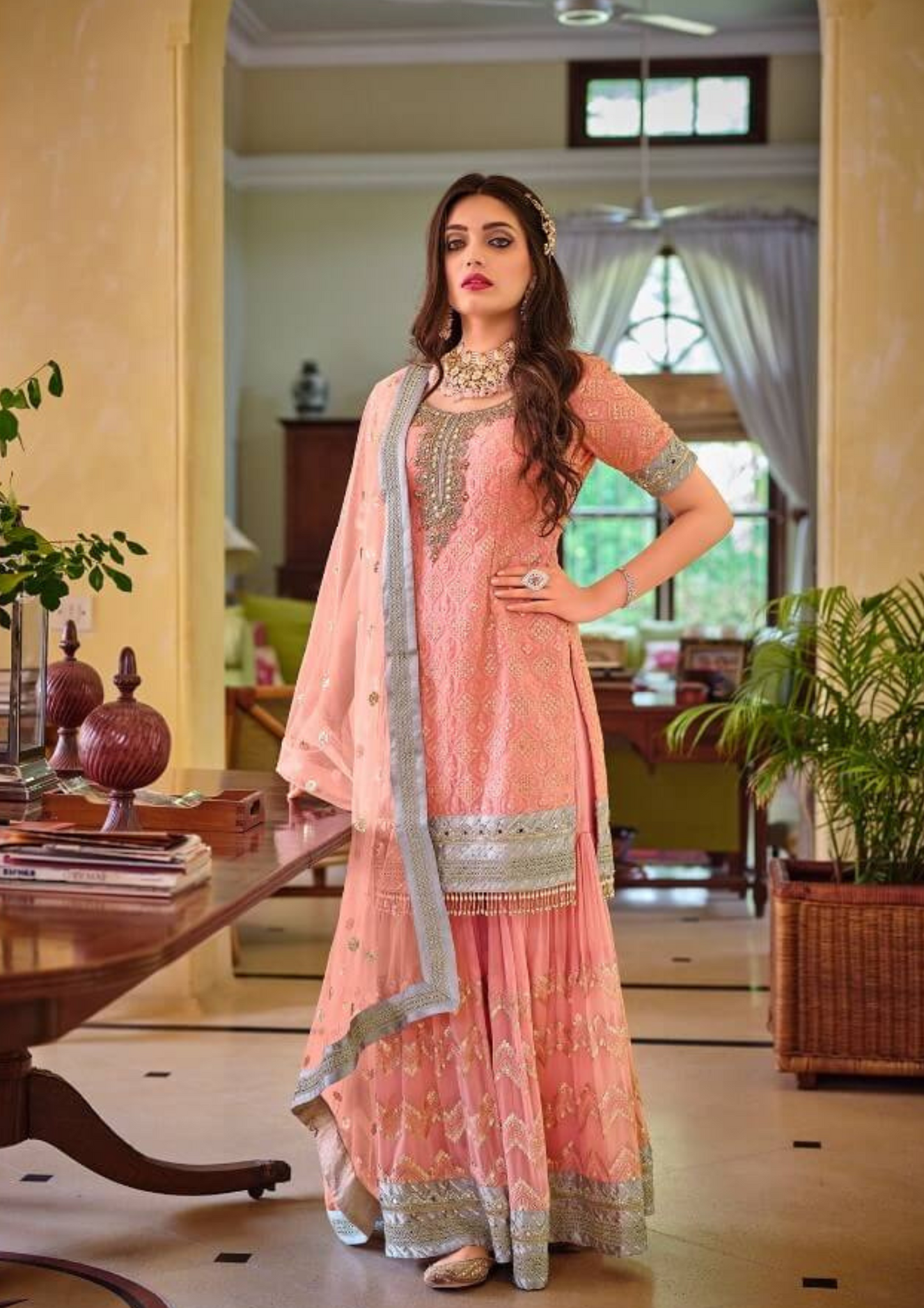 Attractive Peach Color Faux Georgette With Fancy Embroidery Work Sharara Suits With Dupatta