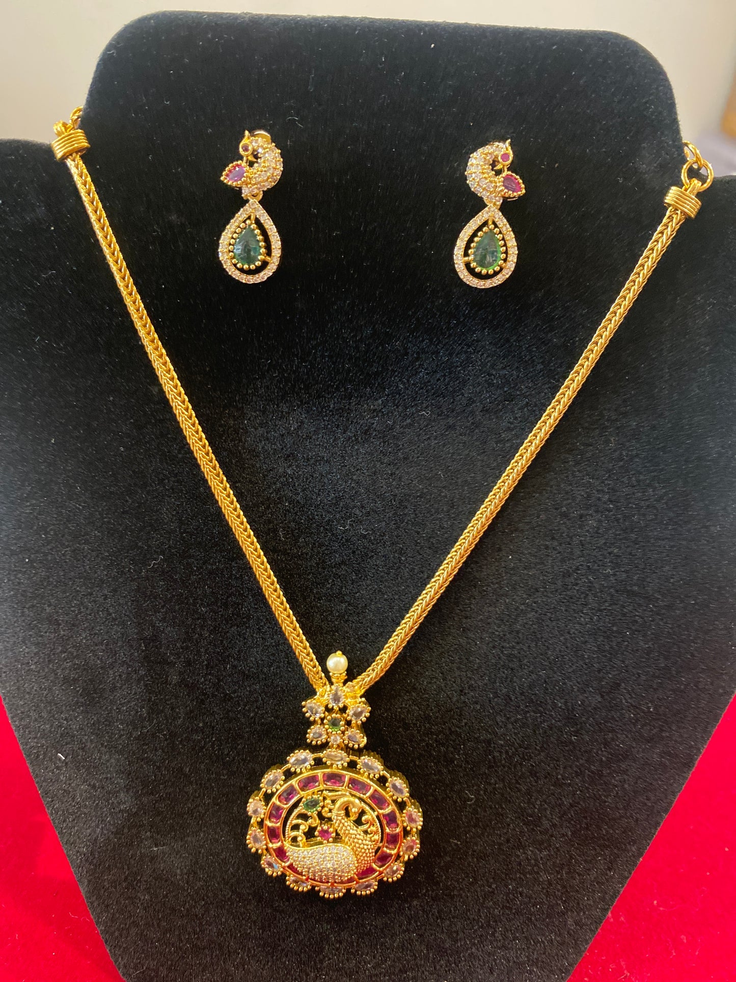 Amazing Green and Red Stones Gold Plated Necklace With Earrings For Women