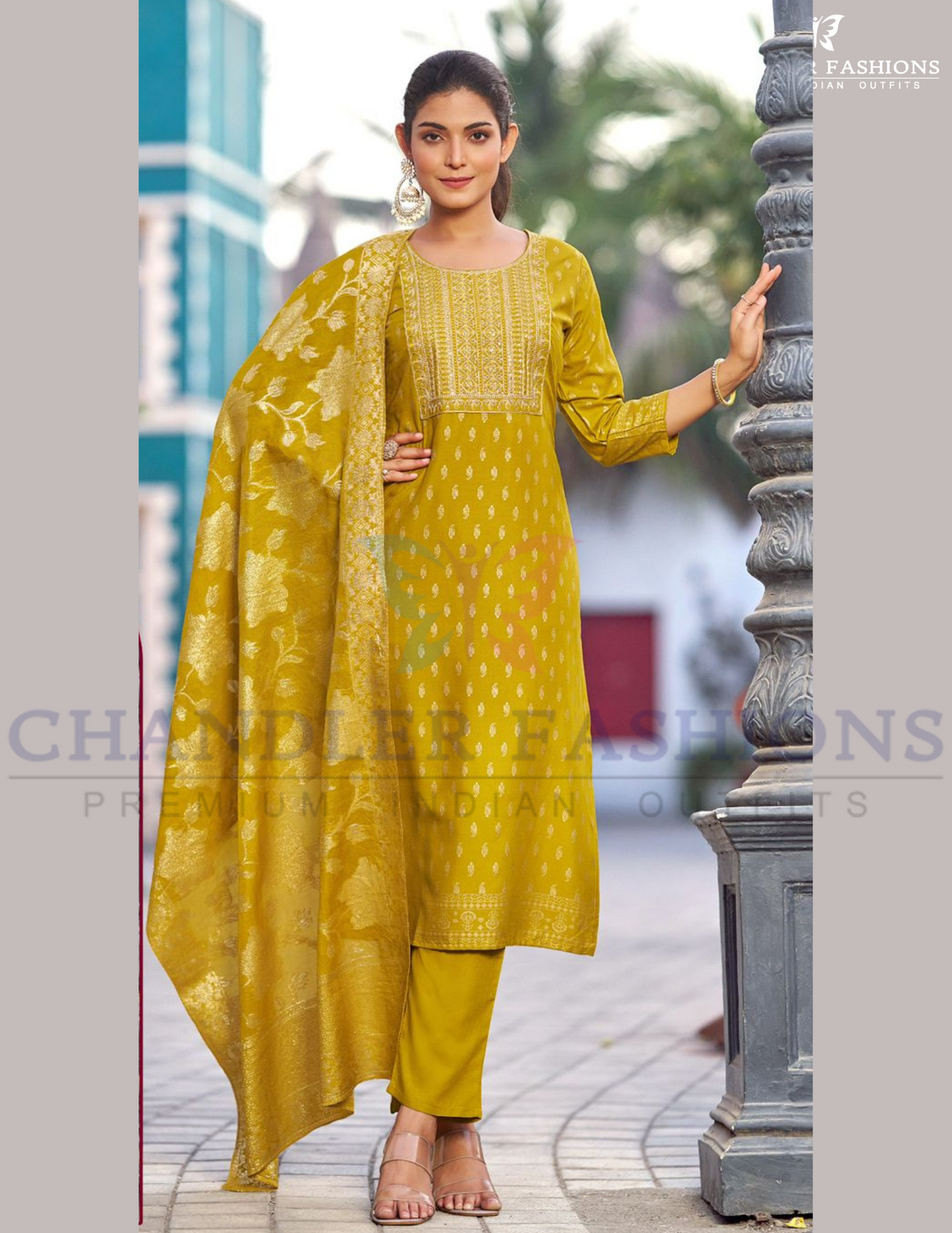 Attractive Mustard Yellow Color Rayon Foil Printed With Embroidery Work Salwar Suits For Women