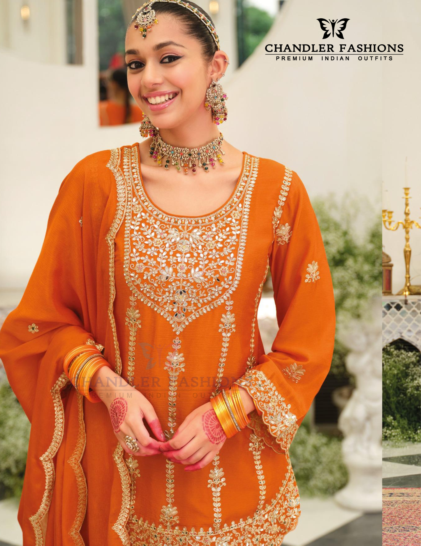 Orange Color Chinon With Embroidery Work Palazzo Suits In Chandler