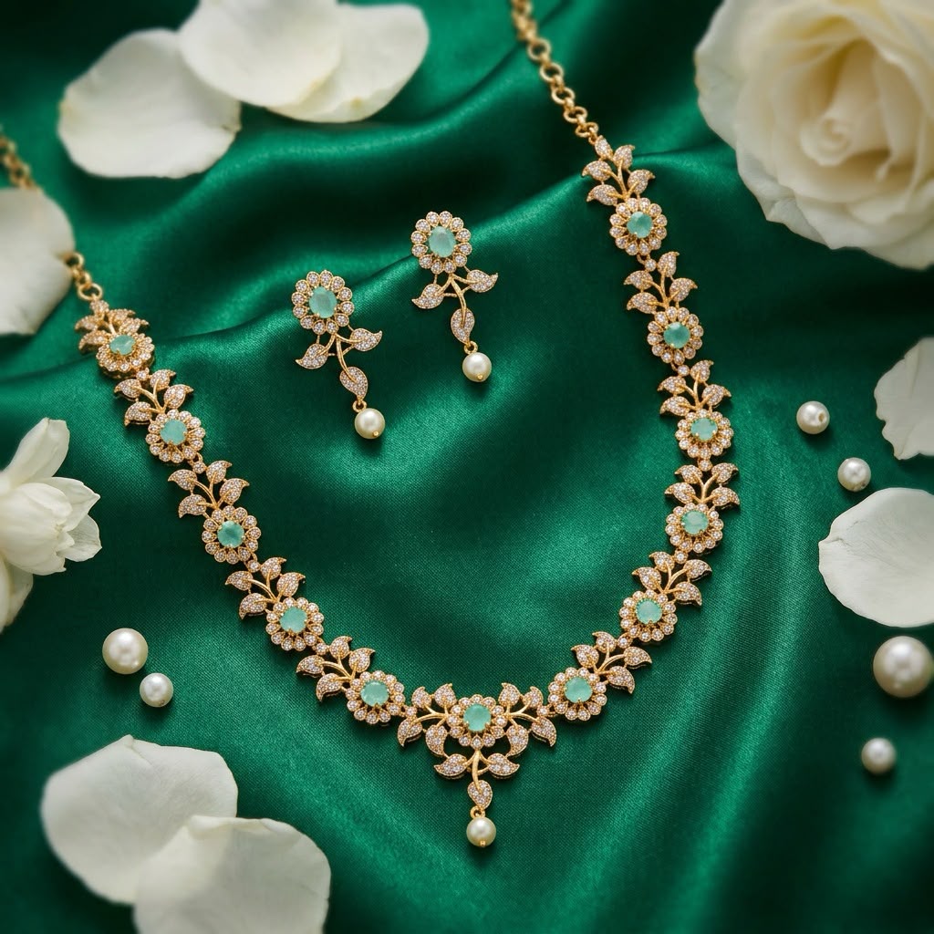 Gorgeous Mint Green And White Stones Gold Plated Necklace Set For Women