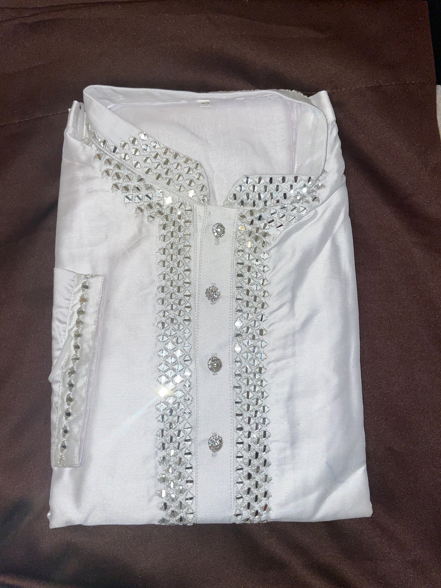 Impressive White Embroidered Silk Kurta with Pajama for Men.