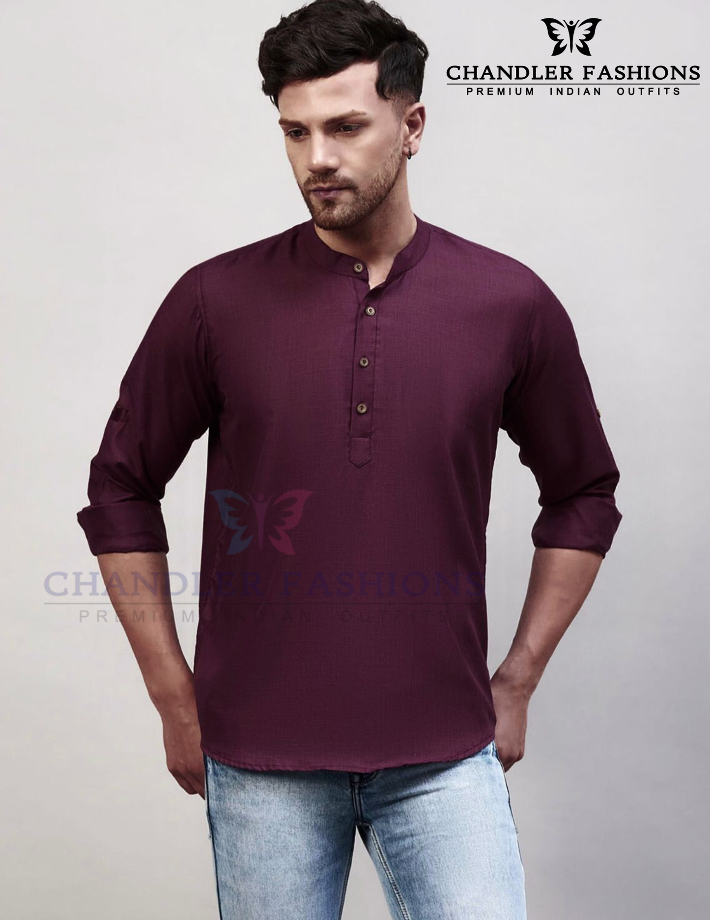 Appealing Wine Color Cotton Short Kurta For Men
