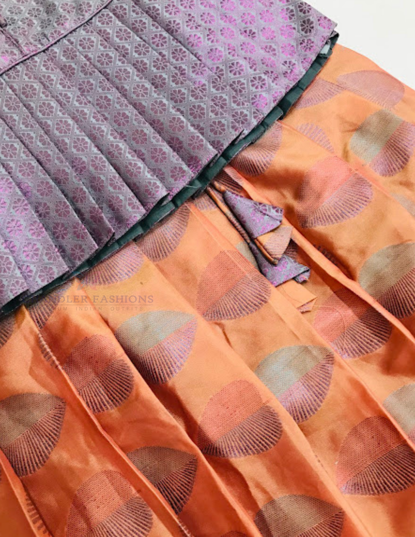 Light Purple And Peach Color Silk Langa sets With Zari Work In Mesa