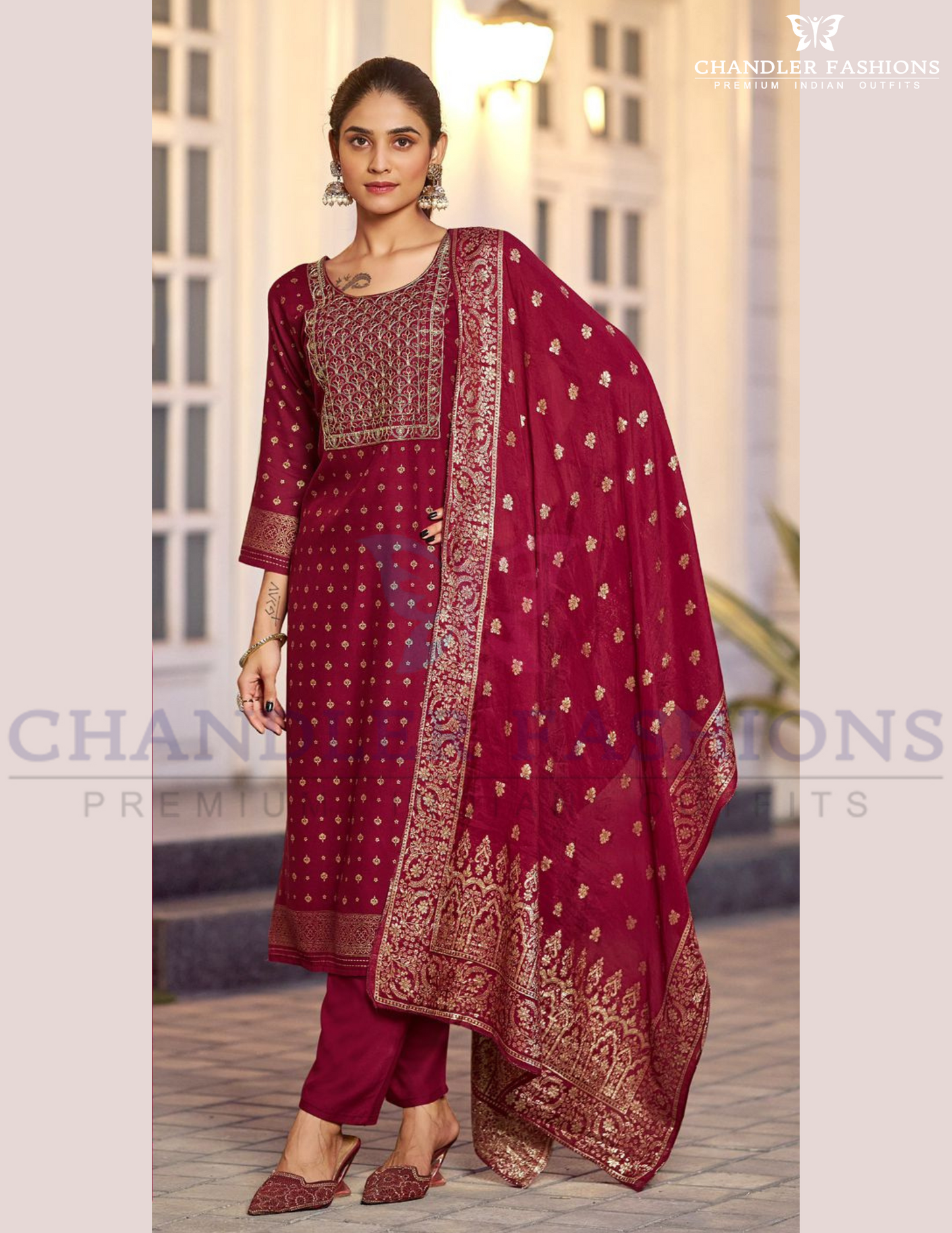 Magnificent Maroon Color Premium Rayon Foil Printed With Embroidery Work Salwar Suits For Women