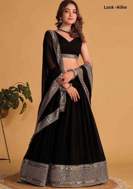 Attractive Black Color Faux Georgette With Sequins Embroidery Work Lehenga With Dupatta
