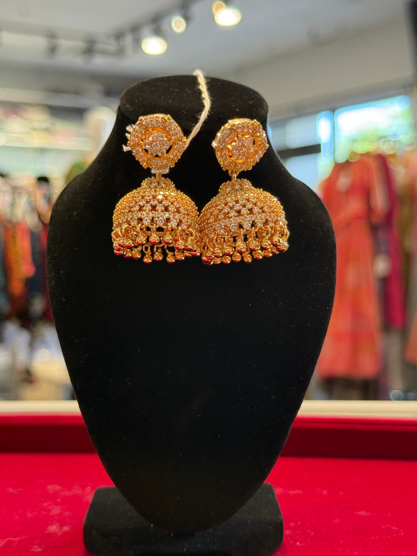 Attractive Gold Plated Designer Jhumka With White Color Stone with Golden Beads