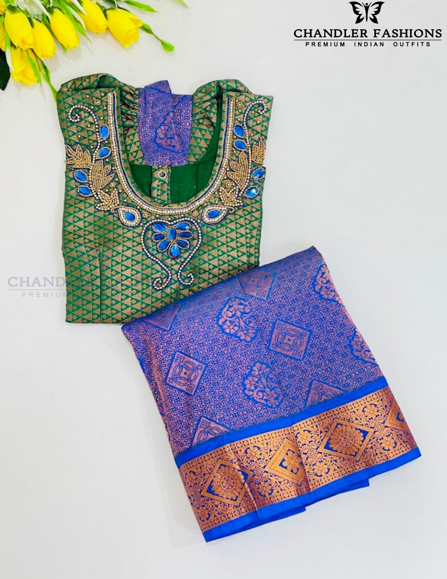 Attractive Green And Blue Color Stone Work With Silk Langa set For Girls Near Me