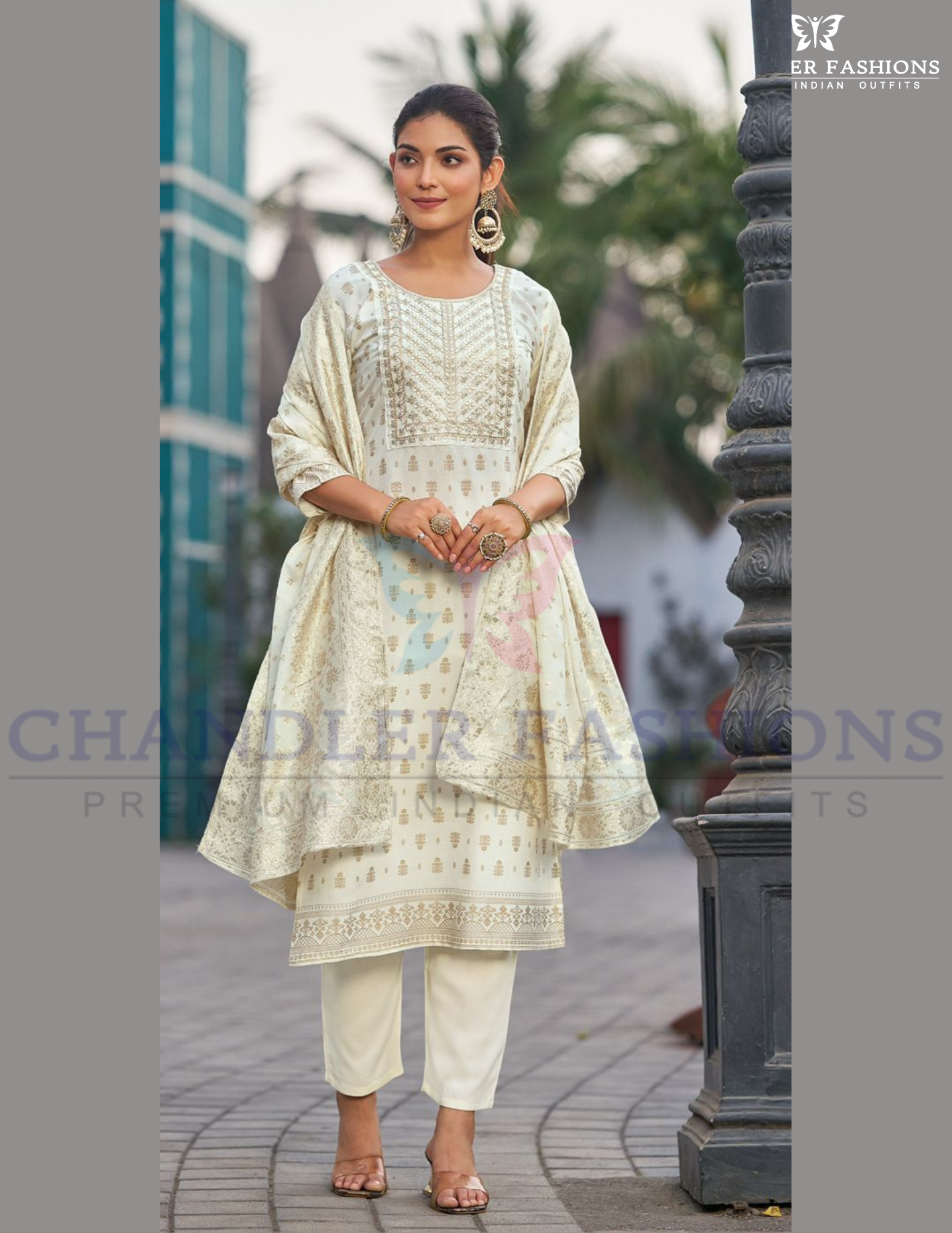 Stunning Cream Color Fancy Rayon Foil Printed With Embroidery Work Salwar Suits For Women