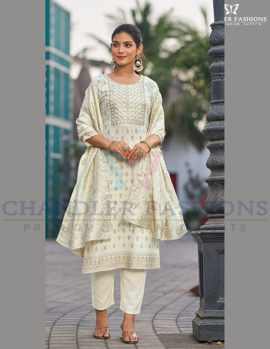 Stunning Cream Color Fancy Rayon Foil Printed With Embroidery Work Salwar Suits For Women