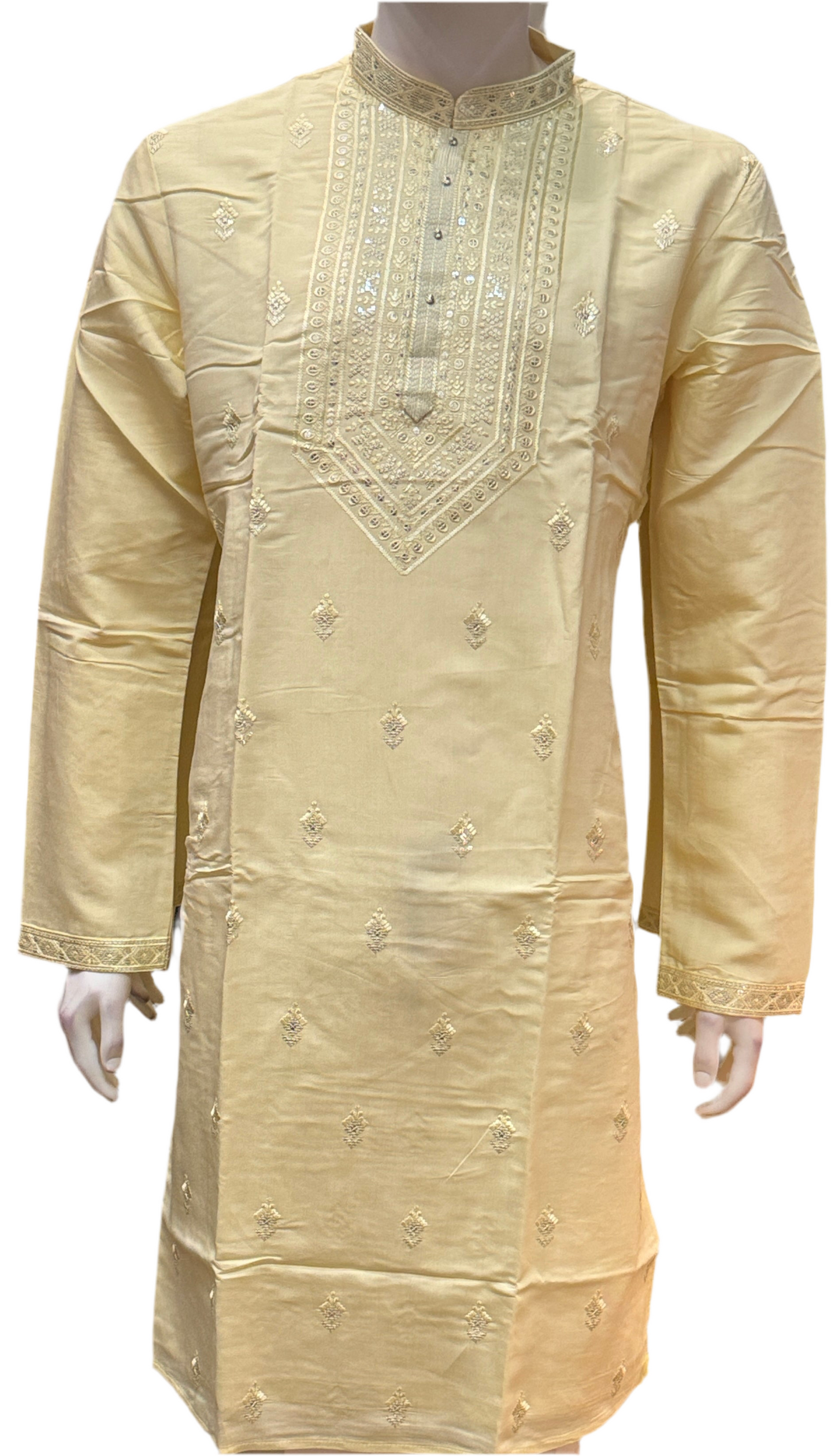 Attractive Light Yellow Color With Cotton Embroidery Work Kurta Suits For Men