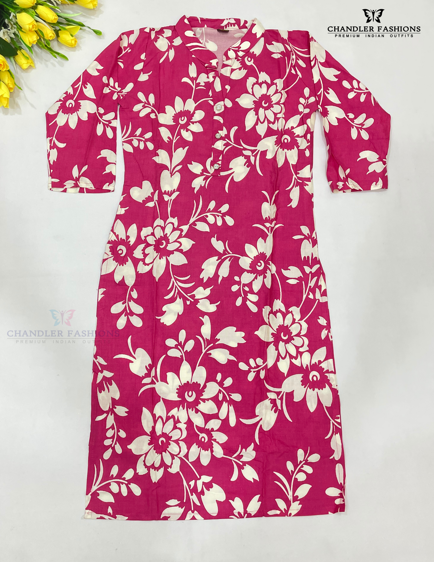 Alluring Pink Colored Floral Design Work Cotton Kurti In USA