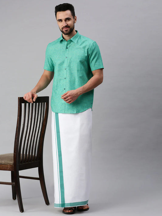 Rama Green Color Half Sleeve Cotton Dhoti Set With Fancy Border For Men