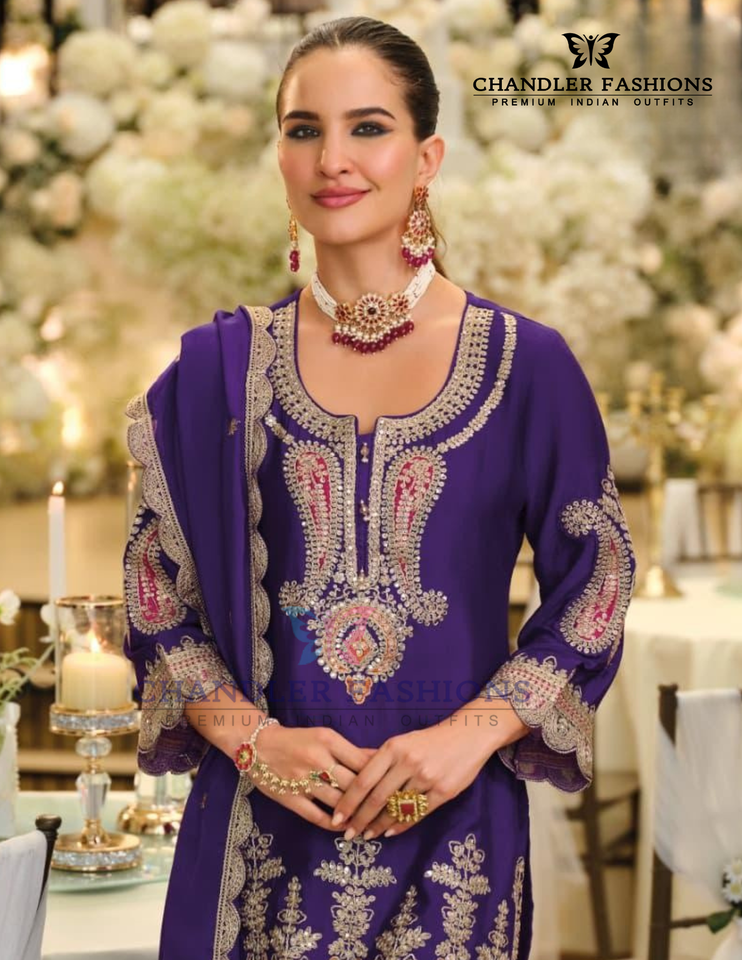 Purple Color Chinon With Embroidery Work Palazzo Suits And Dupatta In Chandler