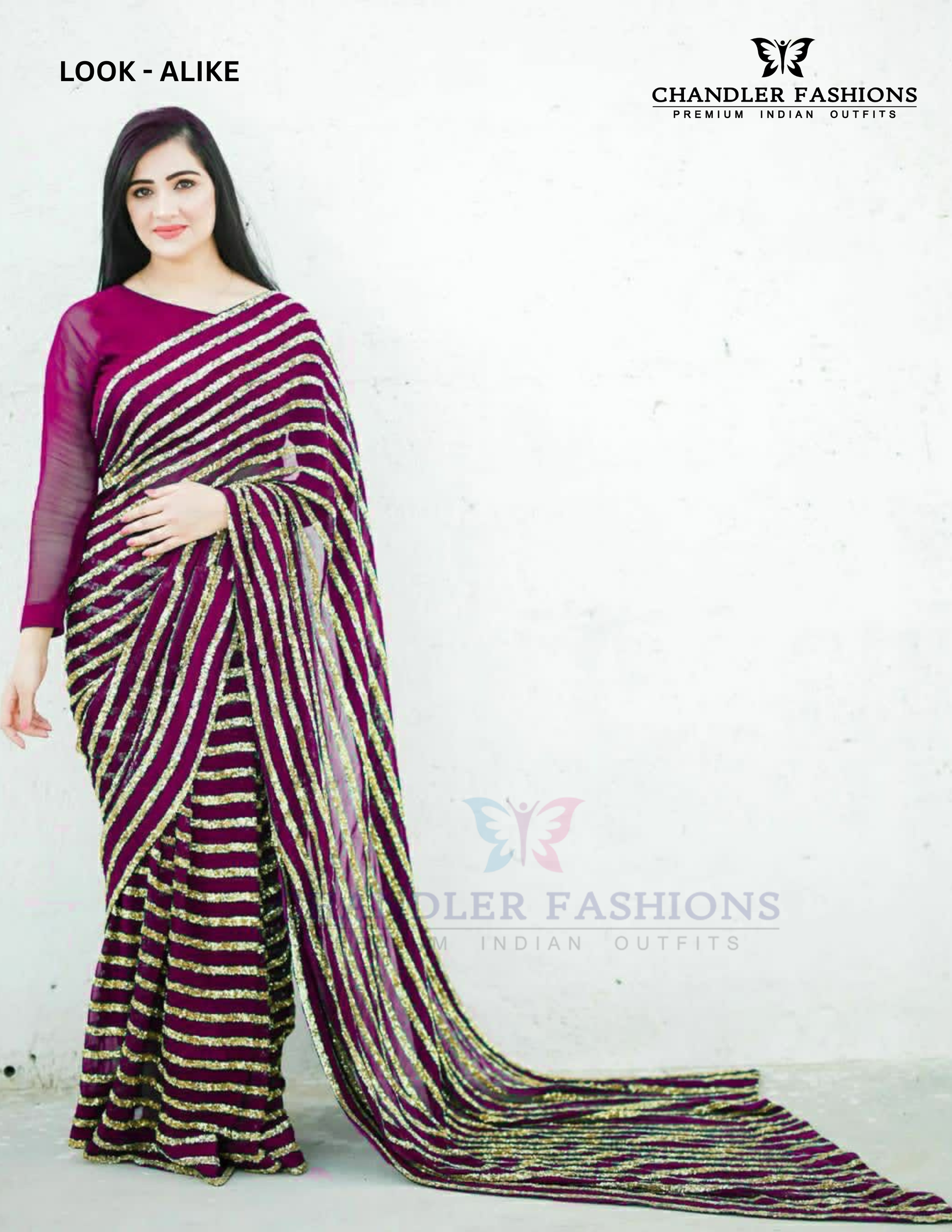 Elegant Purple Sequins Stripe Pure Georgette Trendy Saree