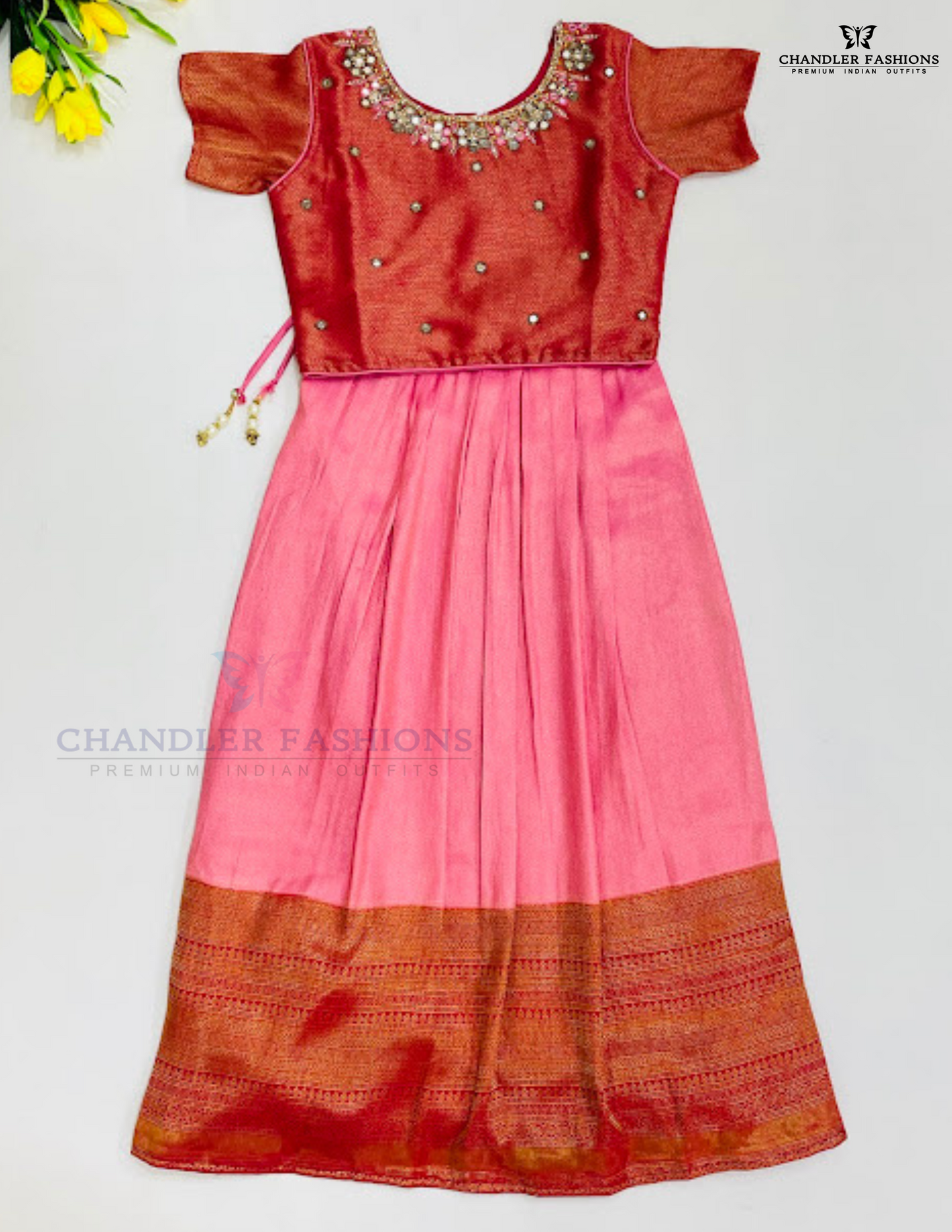 Pink Georgette Mirror Work Choli Set For Girls In Surprise