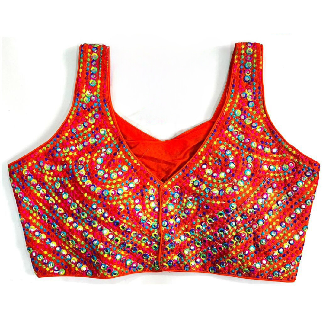 Appealing Orange Color Embroidery And Mirror Work Readymade Blouses Near Me