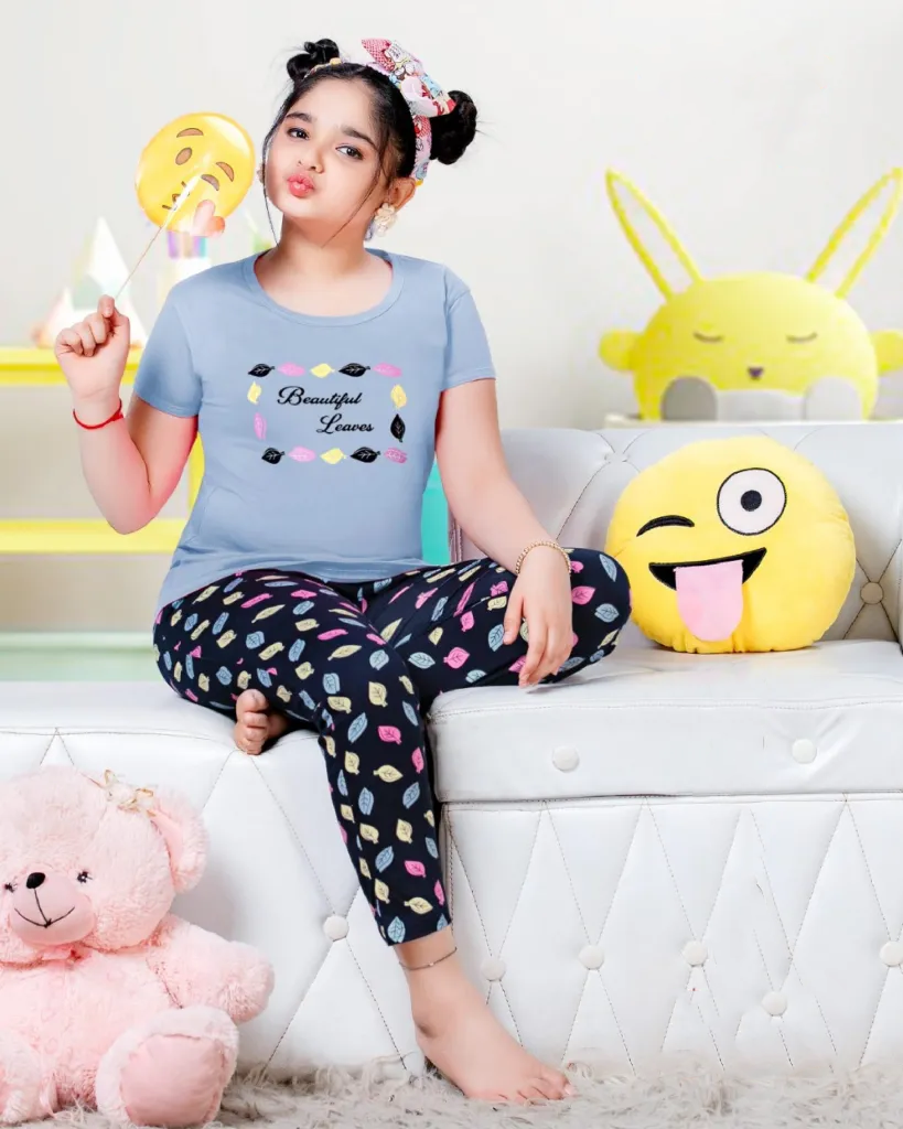 Attractive Women's Light Blue And Black Printed Cotton Night Wear
