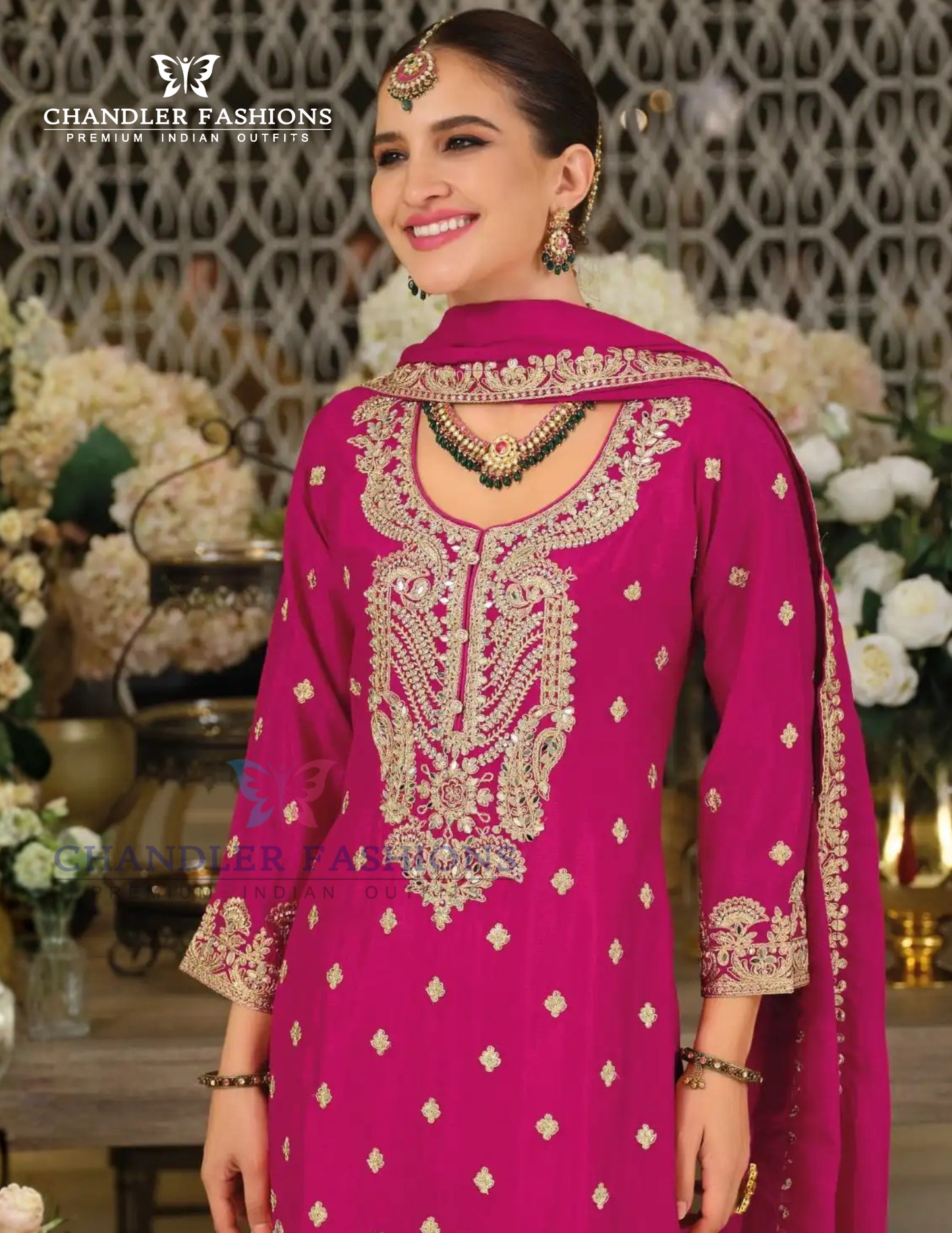 Rani Pink Color Chinon Silk Sequins And Embroidery Work Palazzo Suits In USA