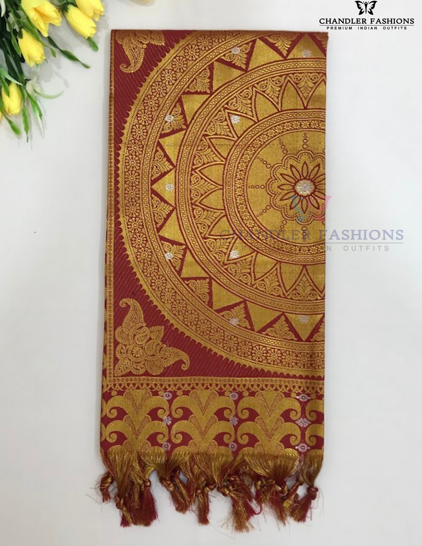 Delightful Red Color Art Silk With Gloden Zari Work Shawl (Ponnadai) For Guest