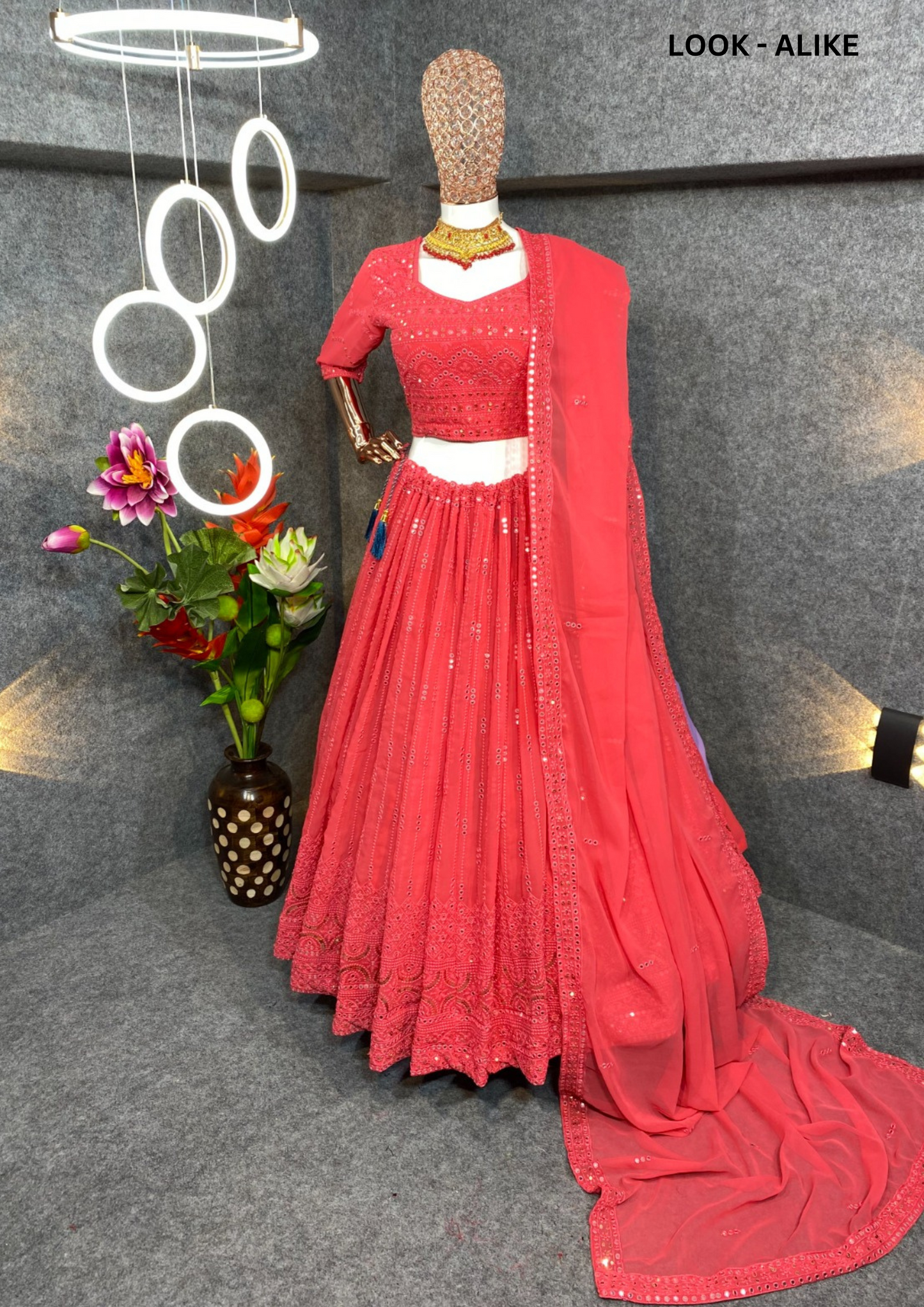 Pleasing Red Color Malay Satin Embroided Lehenga With Zari Work For Women