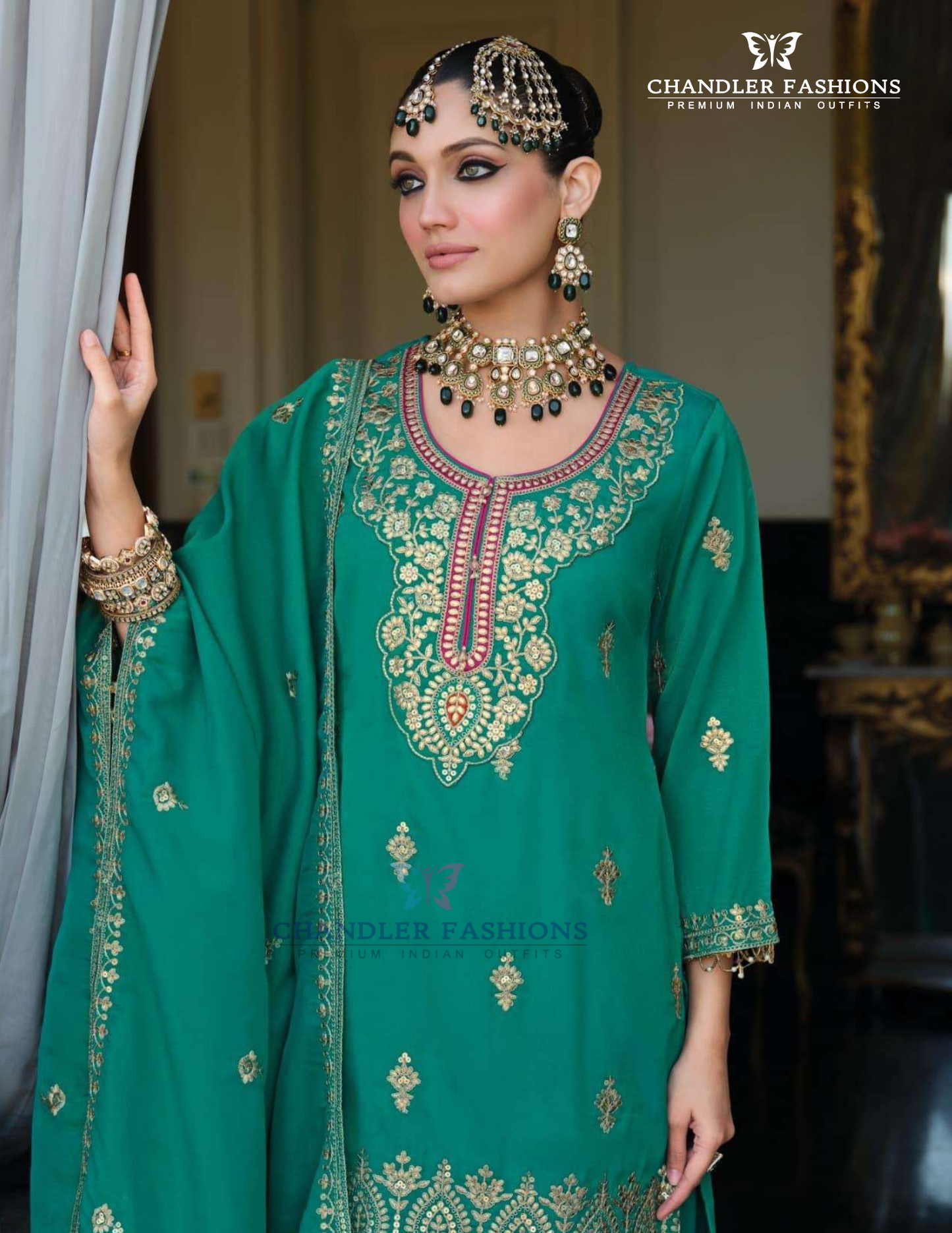 Green Color Shimmer With Embroidery Work Palazzo Suits Near Me