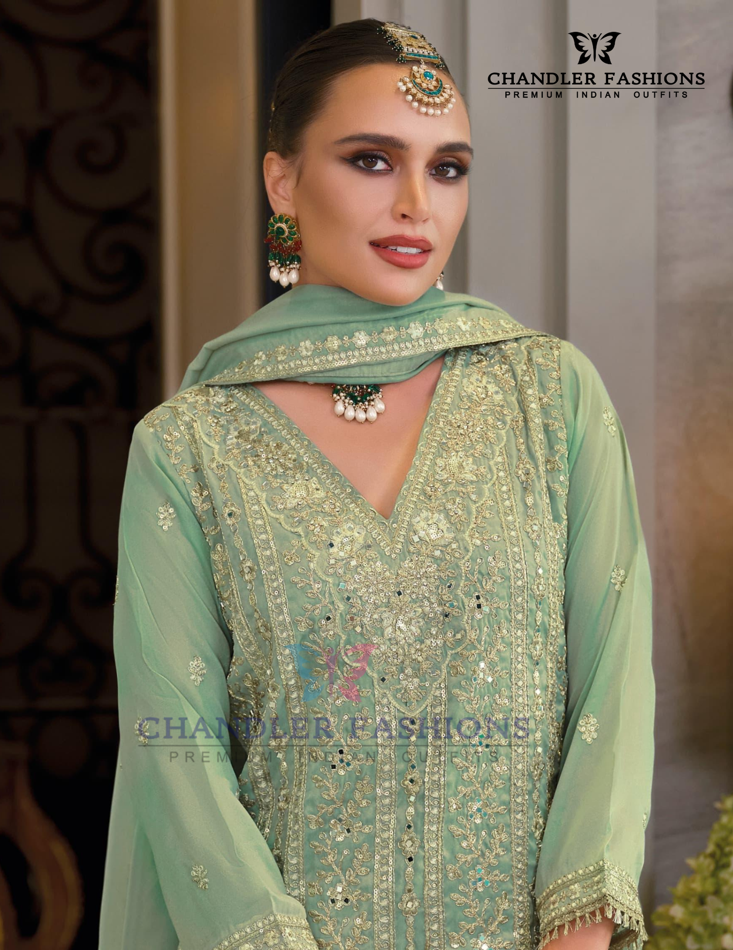 Light Green Color Shimmer With Embroidery Work Palazzo Suits And Dupatta In Chandler