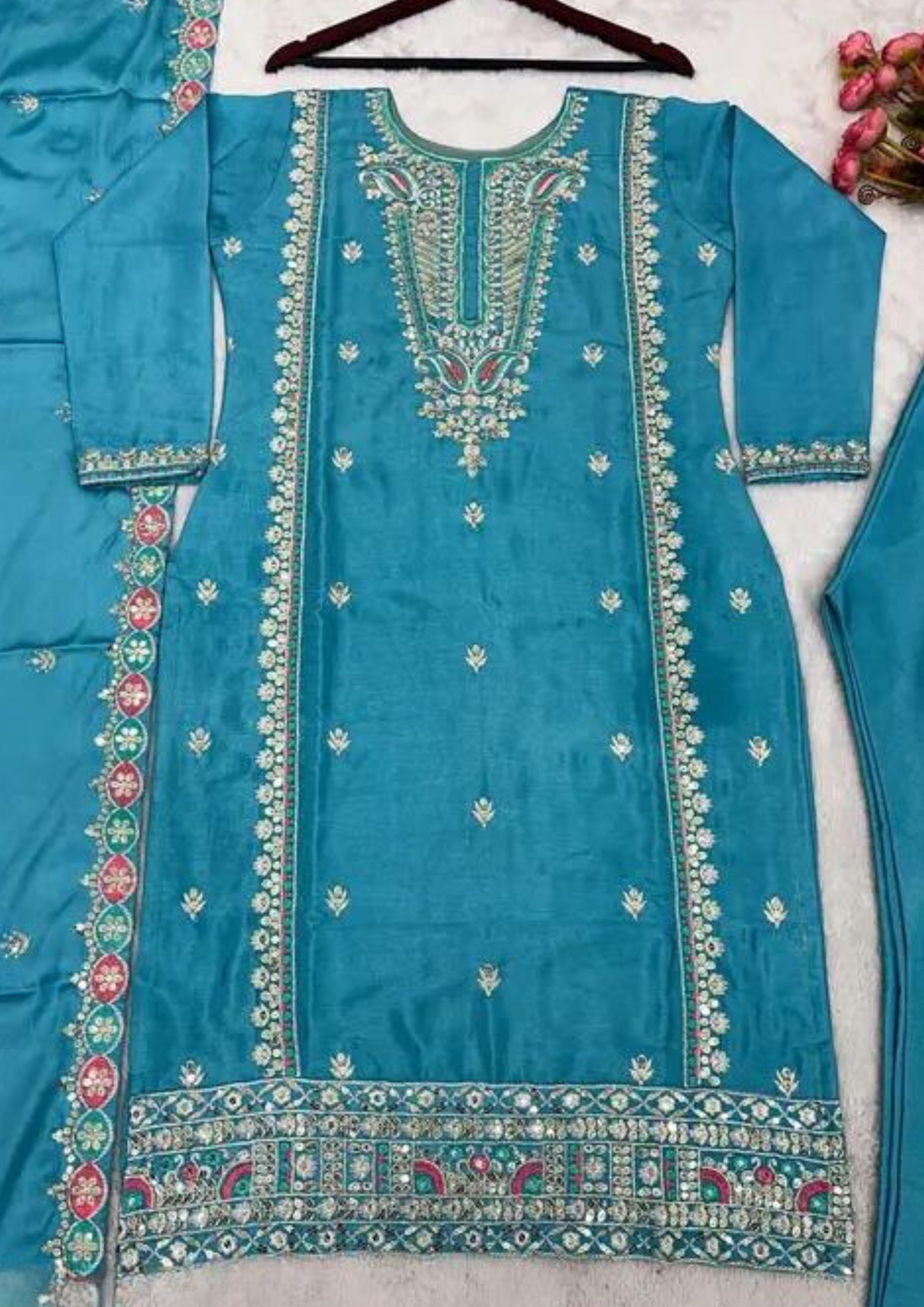Blue Pure Chinon Silk Suits In USA