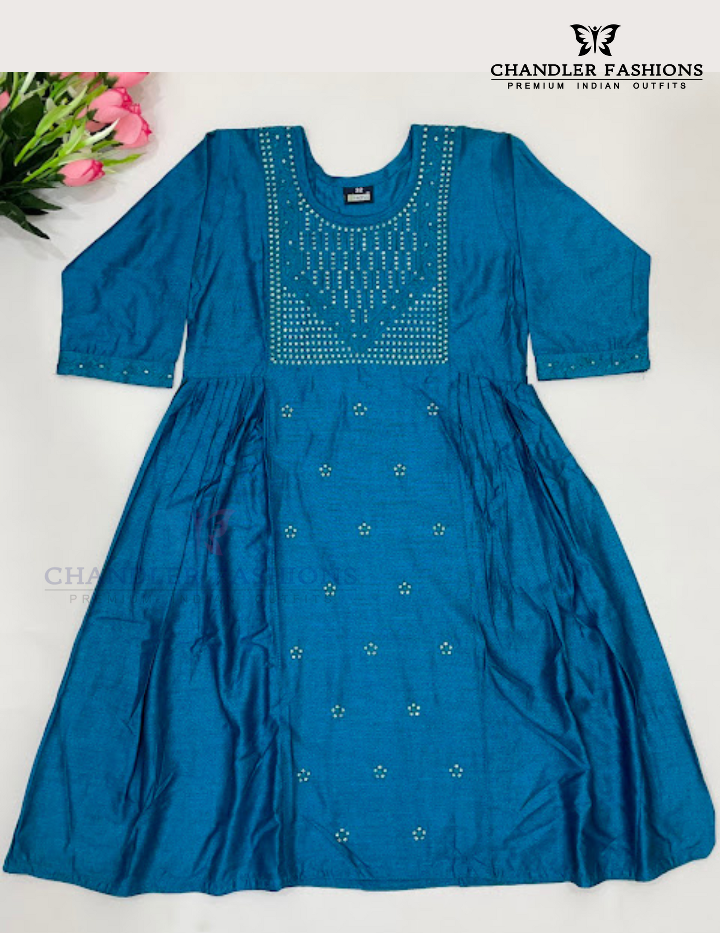 Attractive Teal Blue Color Embroidery And Sequins Work Kurti For Girls
