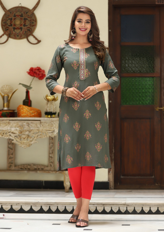 Gorgeous Grey Color Rayon Kurti With Embroidery Work For Women