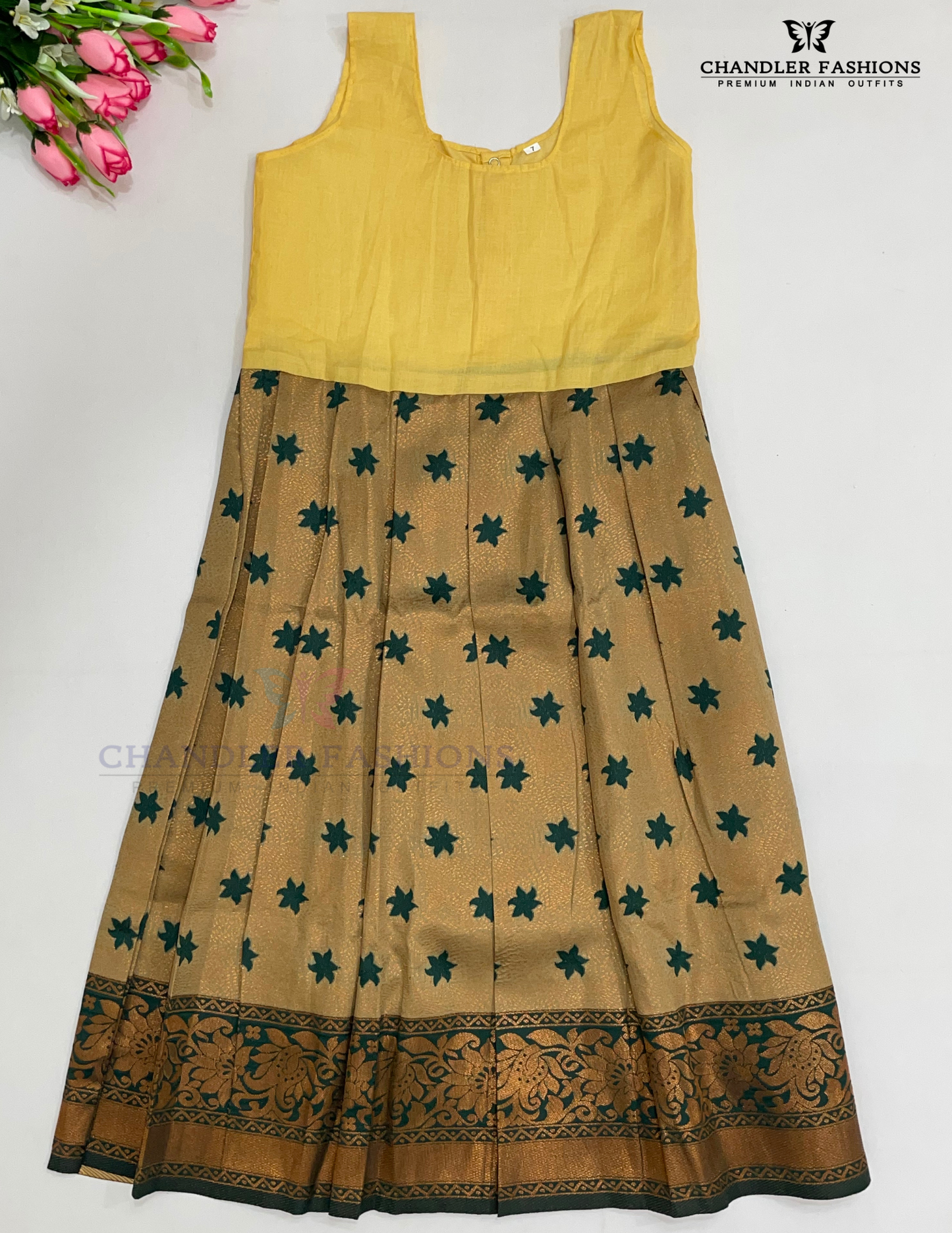 Green And Yellow Color Silk Langa Set With Stone Work In Yuma