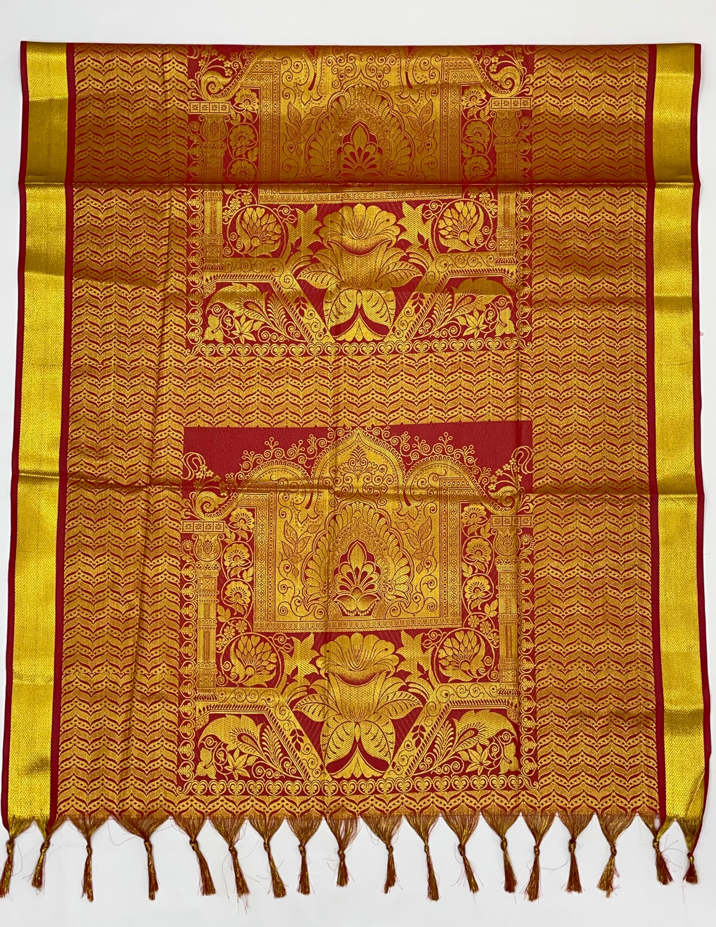Attractive Red Color Silk Shawl With Golden Flower Zari Work (Ponnadai) In USA