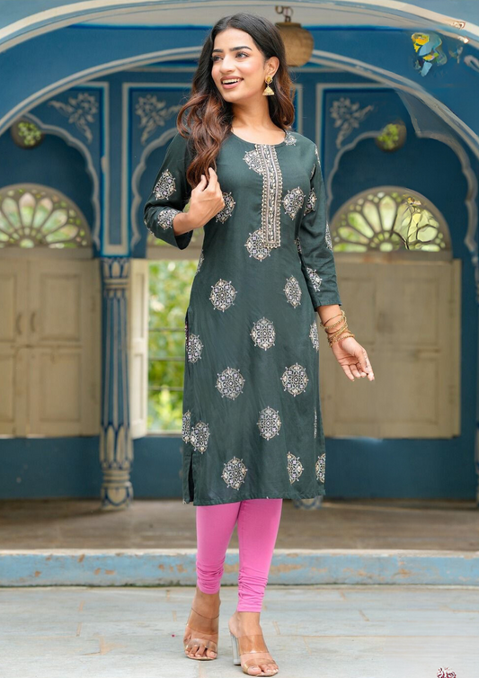 Gorgeous Green Color Rayon Kurti With Fancy Embroidery Work