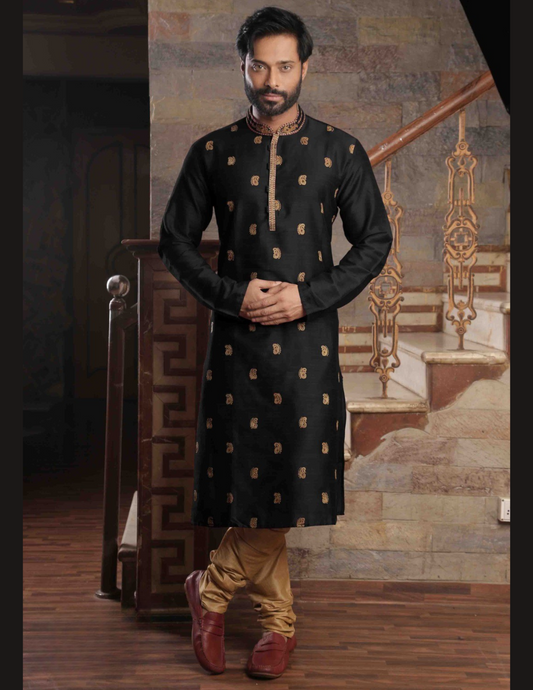 Magnificent Black With Gold Colored Embroidery Work Slub Silk Kurta With Pajama Set