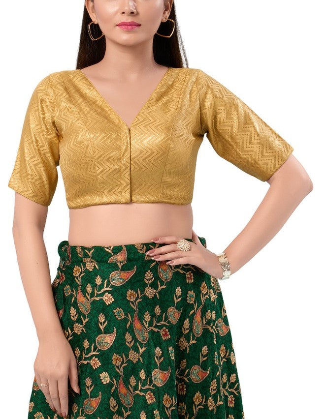 Attractive Front Open Gold Color Jacquard Elbow Sleeve Readymade Blouse For Women