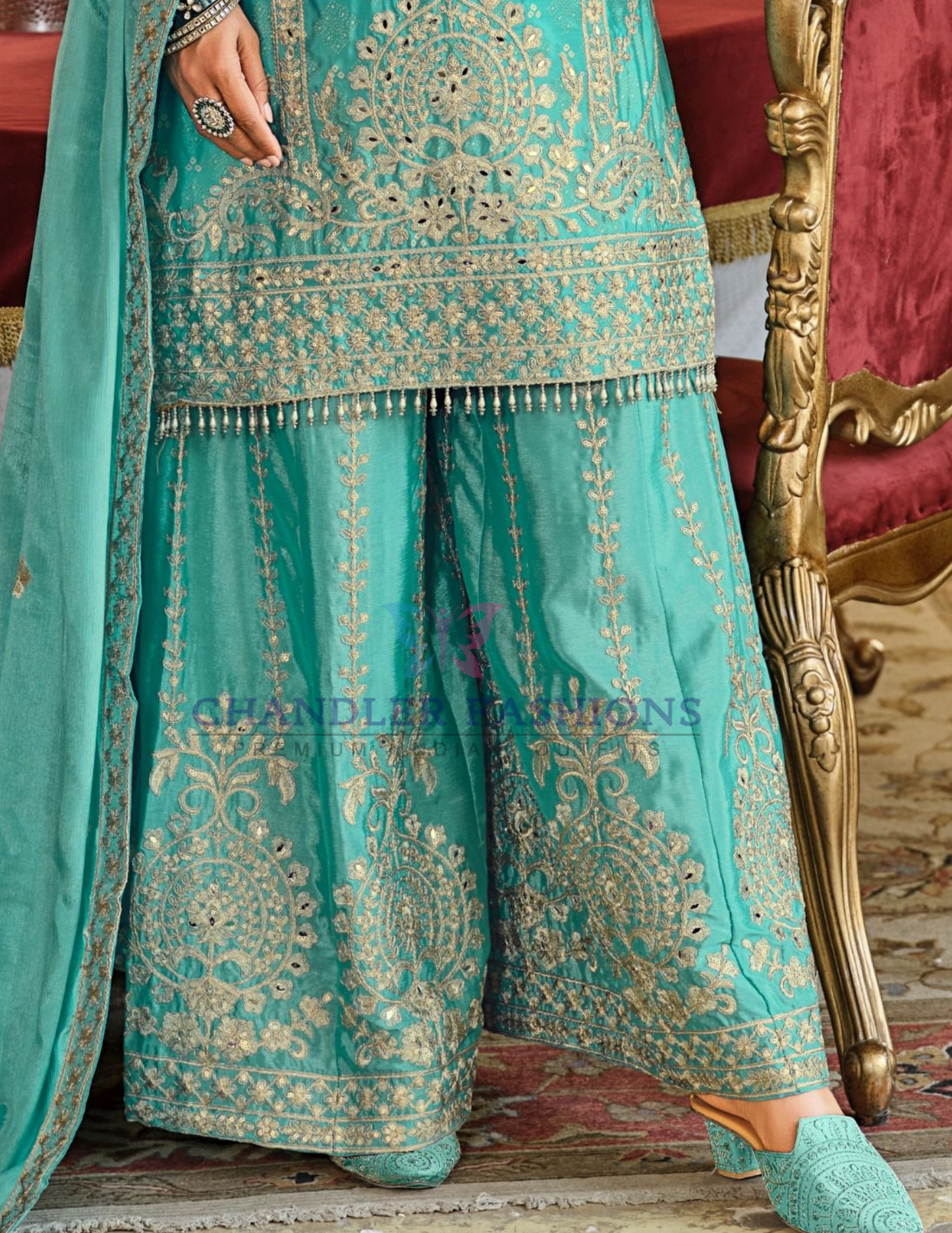 Sea Green Color Chinon With Digital Print And Embroidery Work Palazzo Suits In Chandler