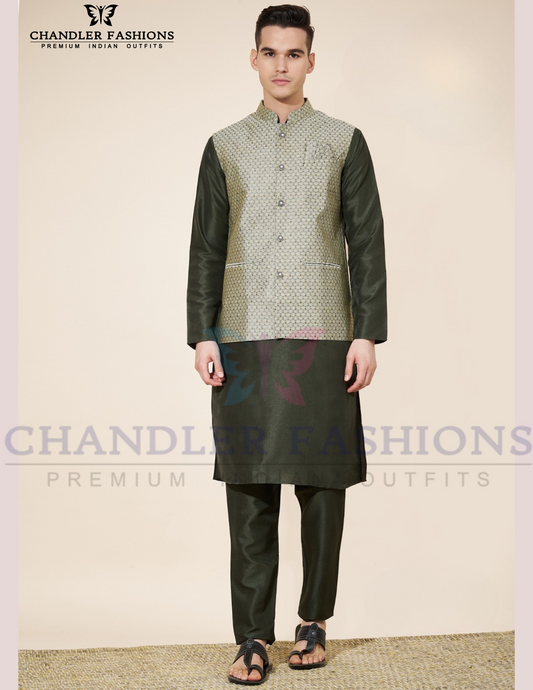 Wounderful Dark Green Color Embroidered Work Silk Kurta And Pajama With Jacket