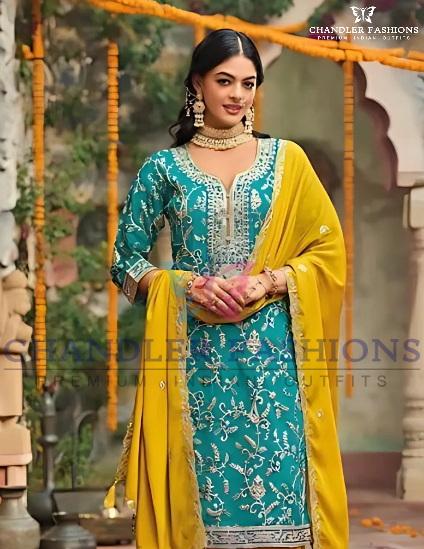 Attractive Blue Color Chinon Embroidery Work Palazzo Suits Near Me