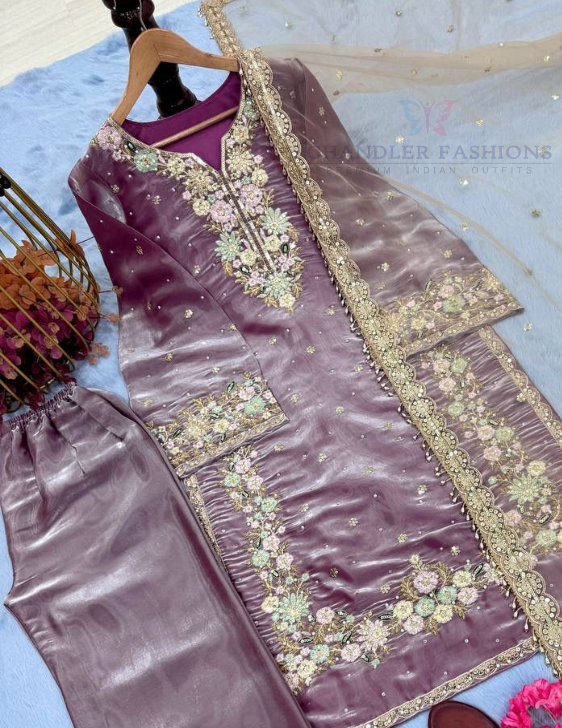 Attractive Lavender Color Embroidery And Sequins Work With Palazzo Suits In Mesa