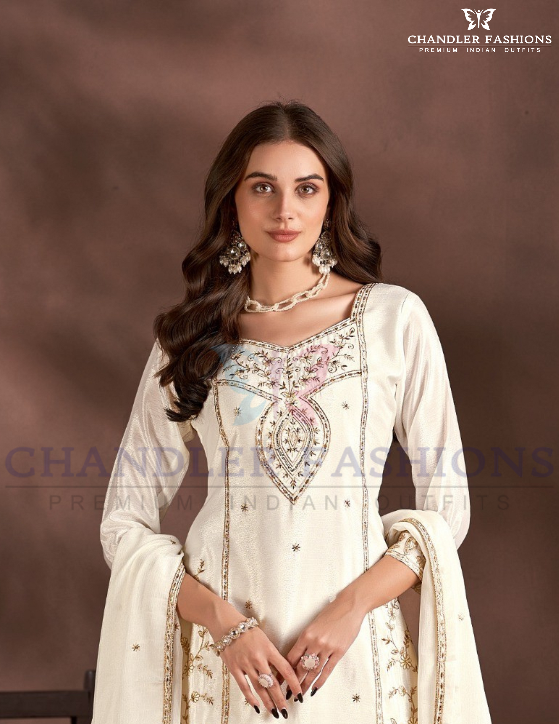 Alluring Cream Color Chinon With Heavy Embroidery Work Sharara Suits Near Me