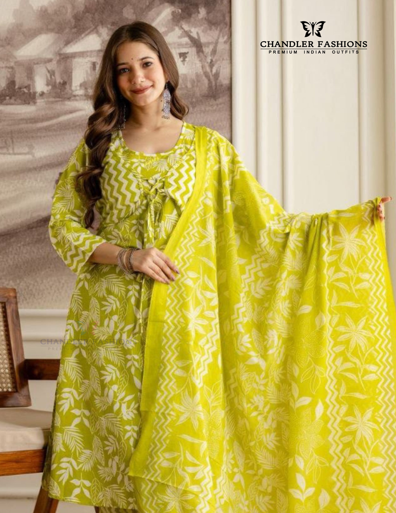 Lime Green Color Cotton Printed Work Salwar Suits With Dupatta Set In USA