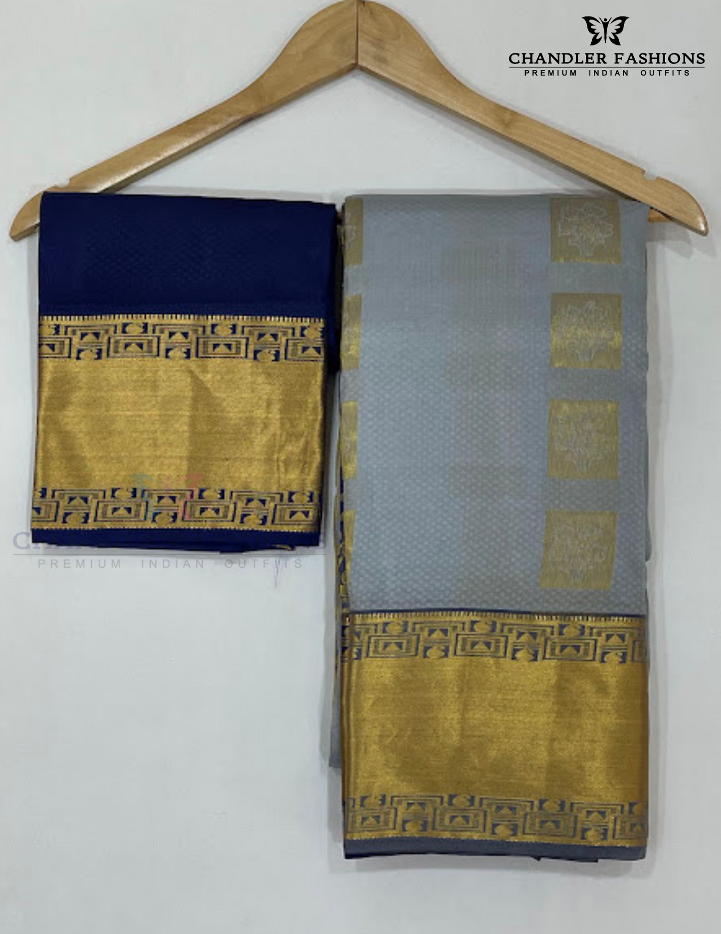 Gray Color Pure Kanchi Silk With Gold Zari Work And Blue Pallu Saree In USA
