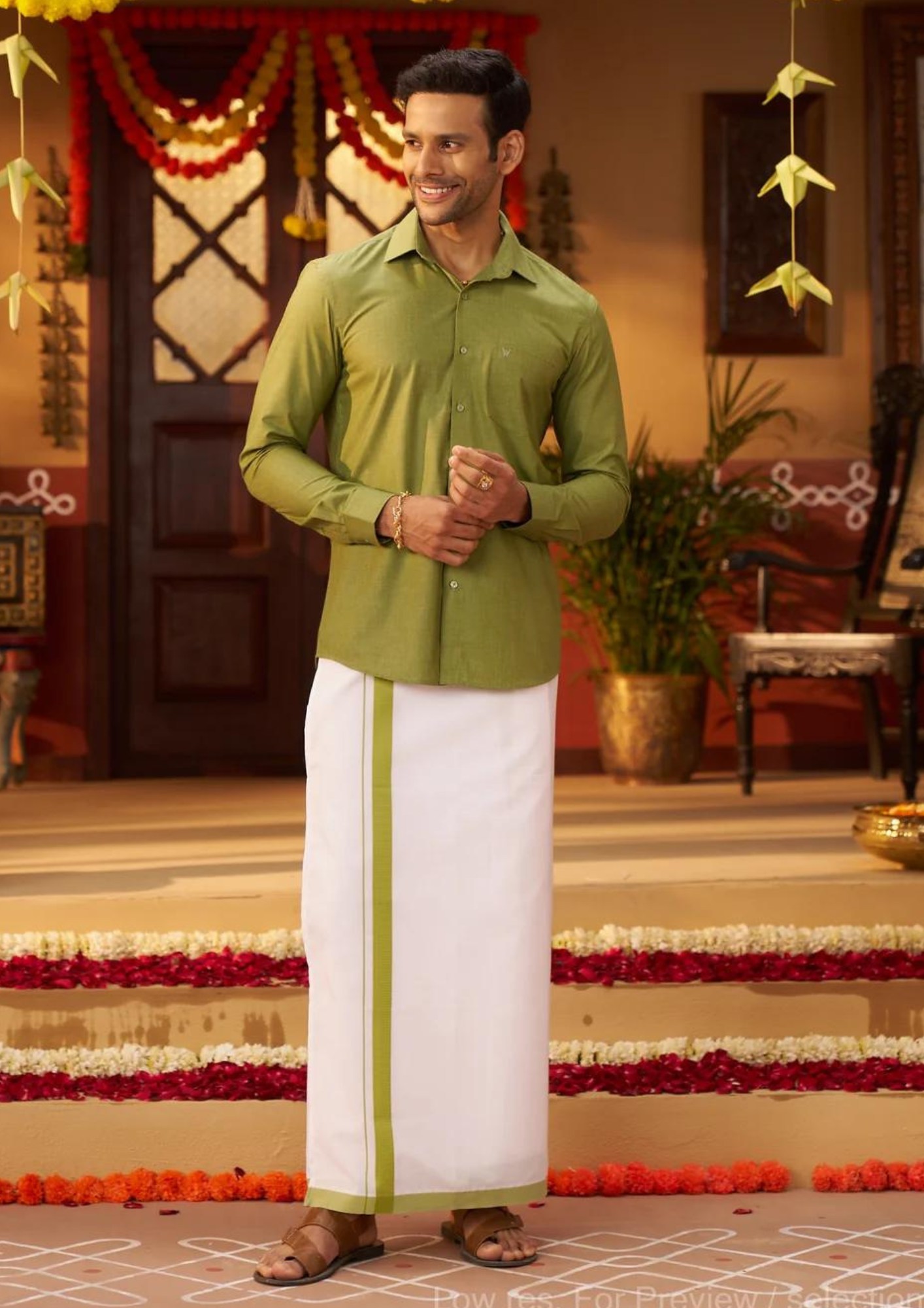 Gorgeous Green Color Cotton Dhoti Set With Contract Border For Mens