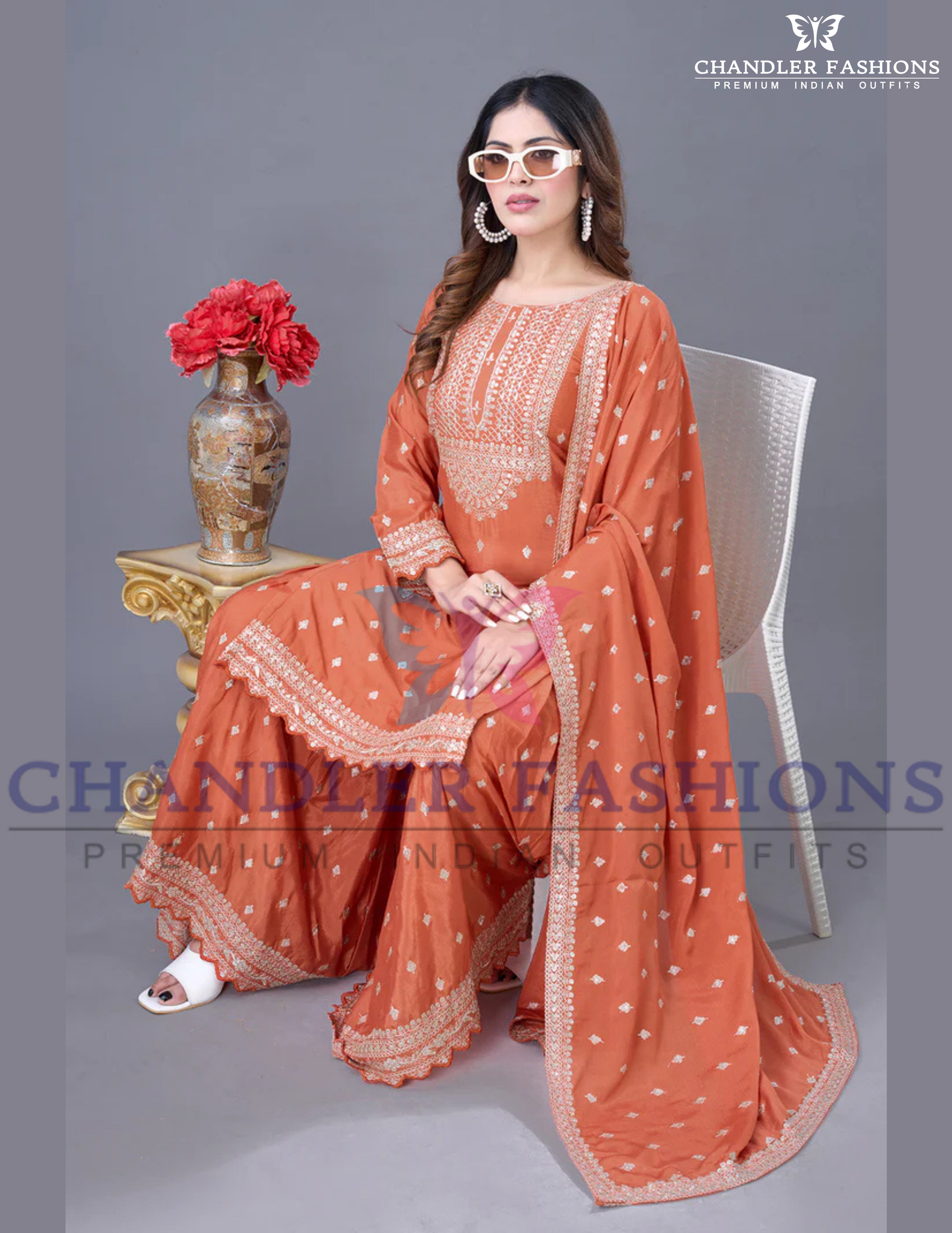 Alluring Orange Color Chinon Silk Sharara Suits in USA
