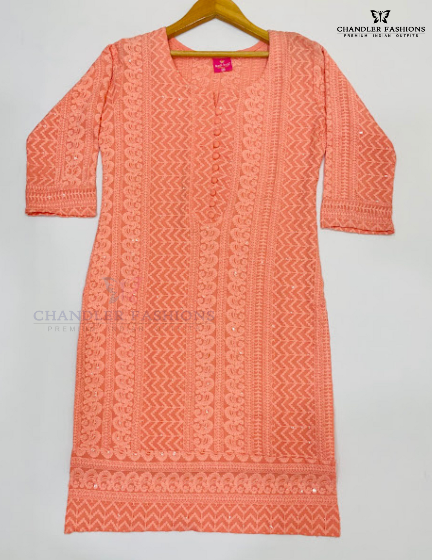 Peach Color Soft Cotton With Chikankari Work Kurti Near Me