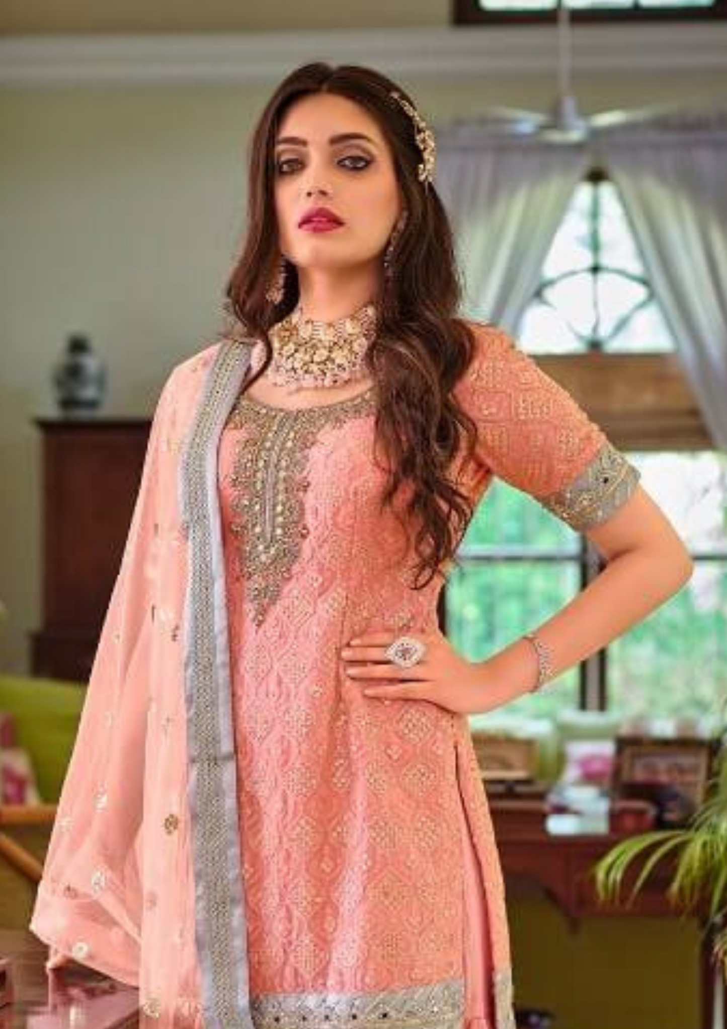 Attractive Peach Color Faux Georgette Sharara Suits Near Me