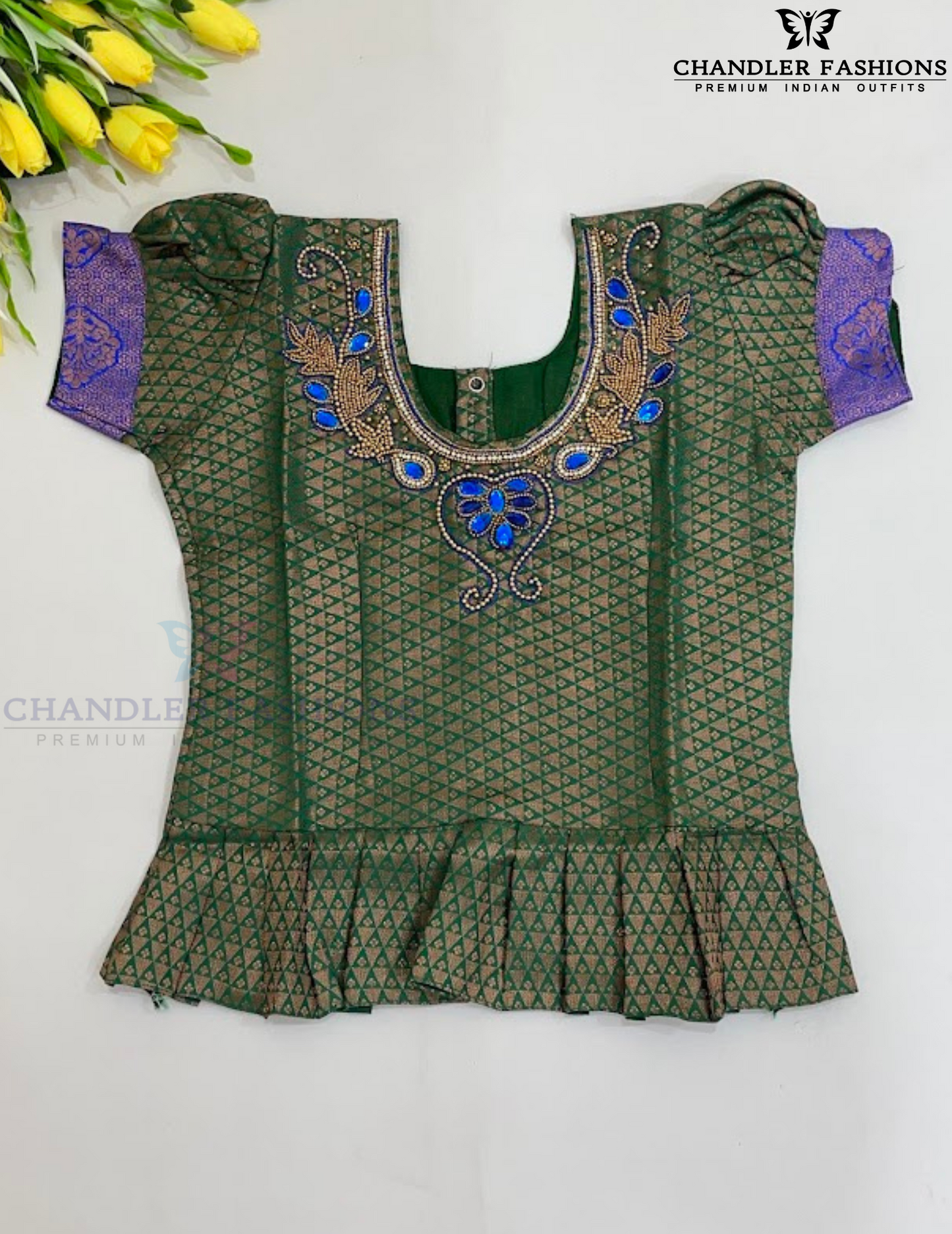 Attractive Green And Blue Color Stone Work With Silk Langa set In Yuma