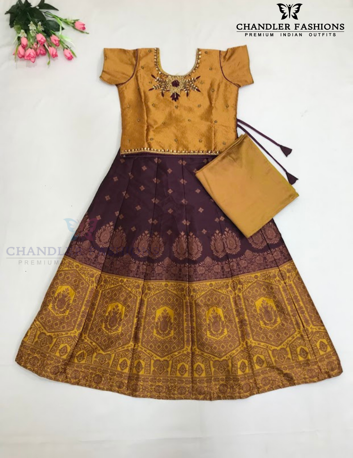 Alluring Yellow And Maroon Color Art Silk With Embroidery And Mirror Work Choli Set For Girls